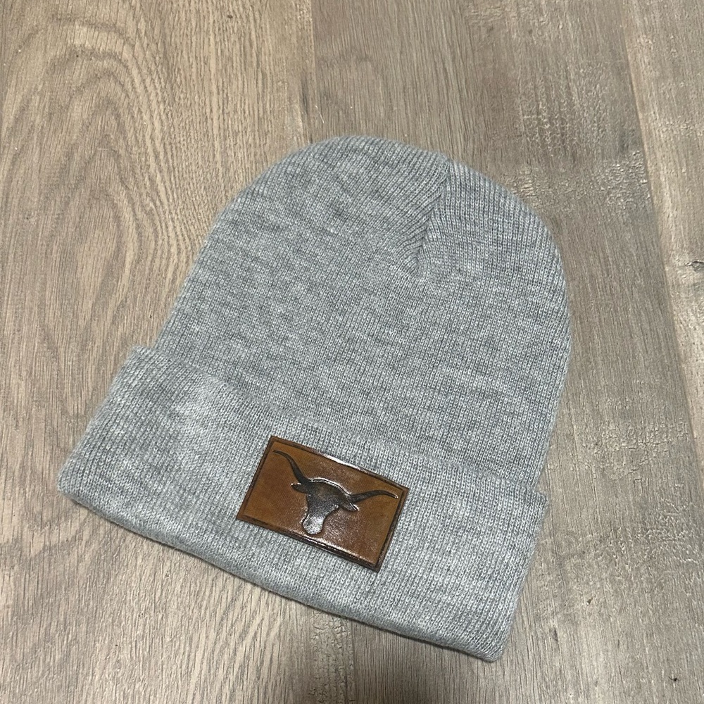 Gray Beanie with Leather Patch